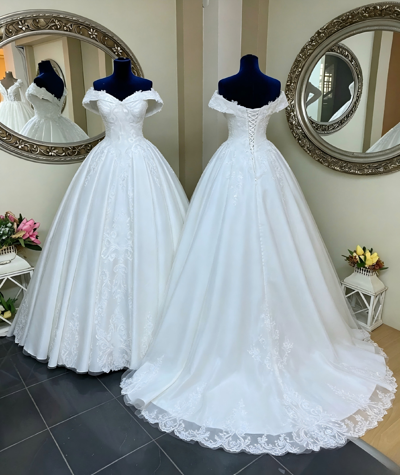 Off Shoulder Sweetheart Lace Satin Ballgown Luxury Wedding Dresses Long Train
