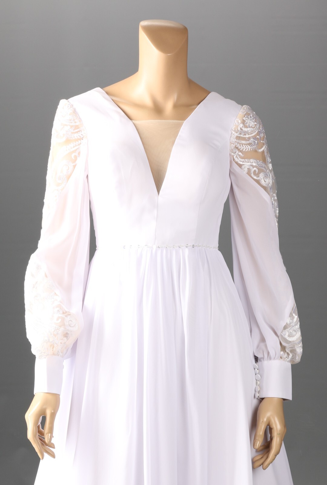 Unbranded Bishop Sleeve Sequin Plunge Chiffon V Neck White Wedding Dress sz 6