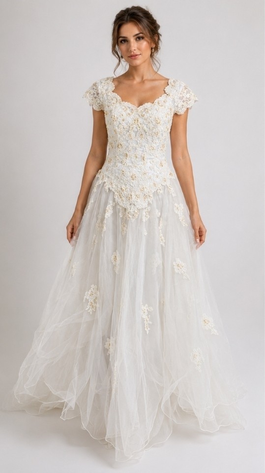 Princess Ball Gown Wedding Dress Sz 16 Faux Pearl Lace Applique Off Shoulder D30