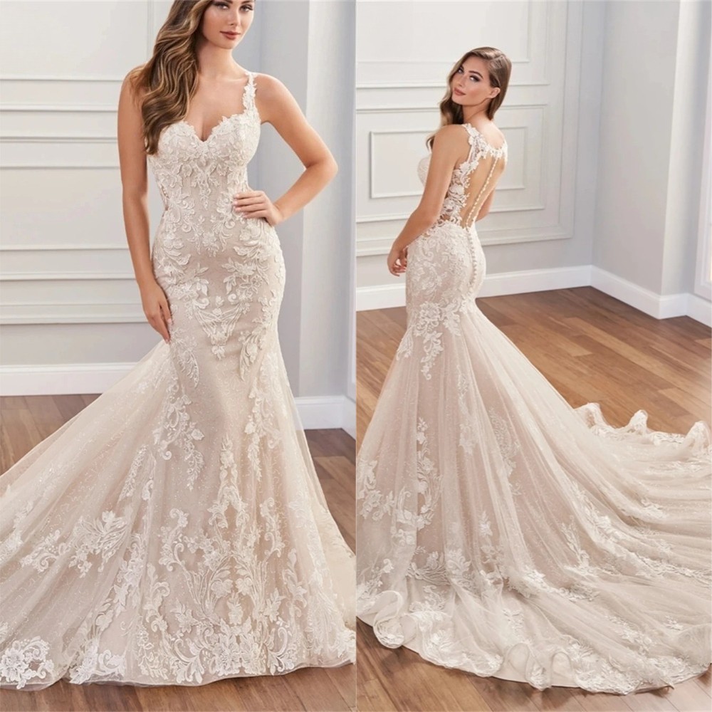 Mermaid Spaghetti Straps Wedding Dresses Lace Appliques Court Train Bridal Gowns