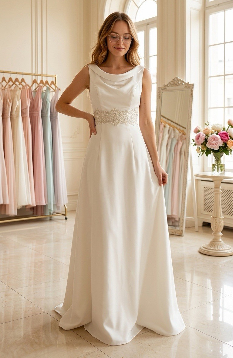 Ivory A-Line Wedding Dress Scoop Neck Sleeveless Chiffon Beaded Waist Size S