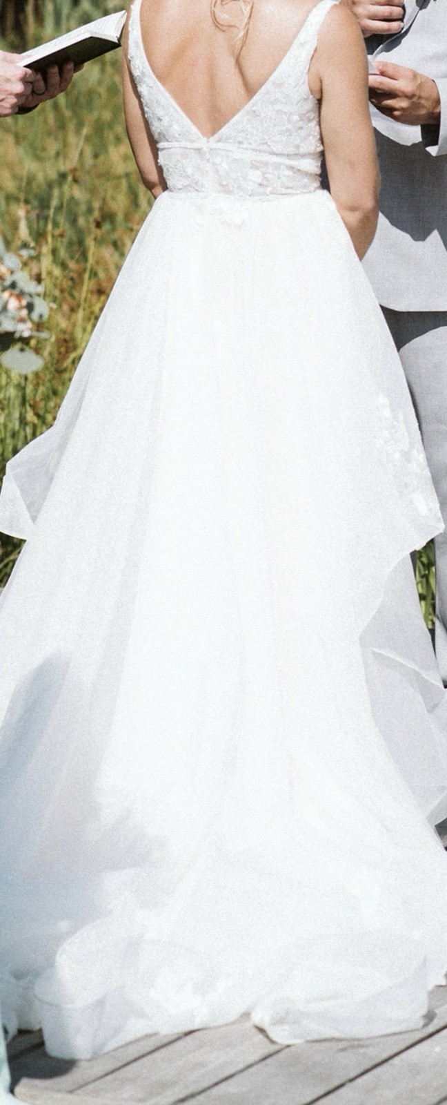 Champagne A Line Wedding Dress Beaded Straps Plunging V Neckline Open V Back