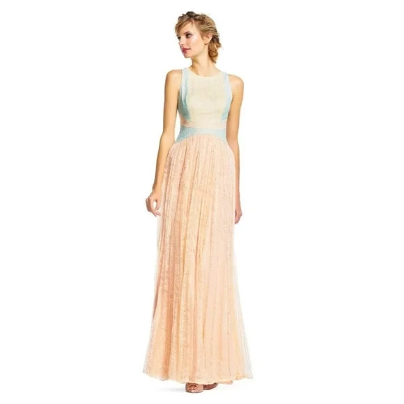 Adrianna Papell Halter Neck Sleeveless Ruched Lace Dress Apricot Multi Size 10
