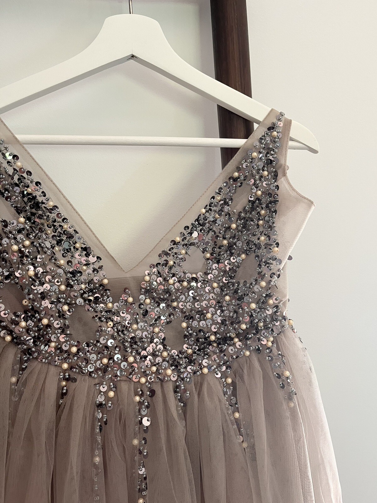 Boho Pearl and Sequin Taupe Tulle Wedding Dress with Slit Bridal Formal Gown