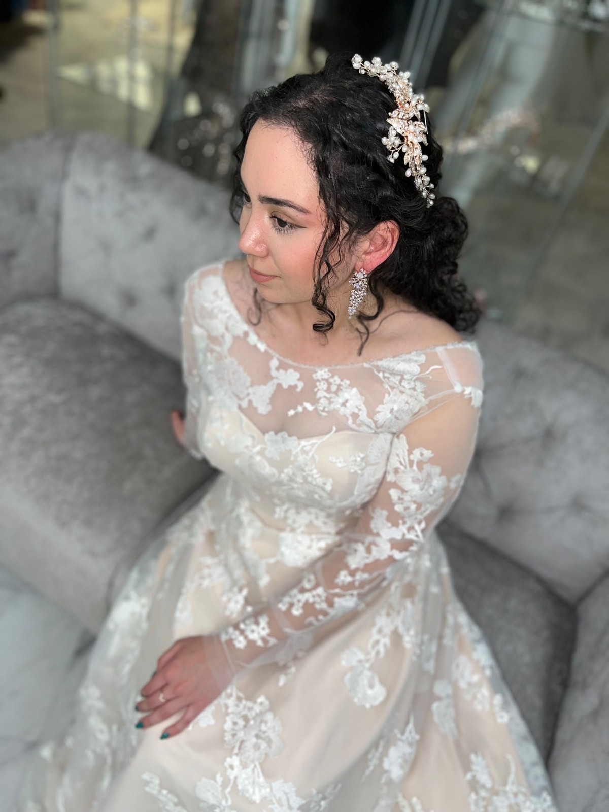 Boho wedding dress nude ivory floral lace long sleeves size Medium