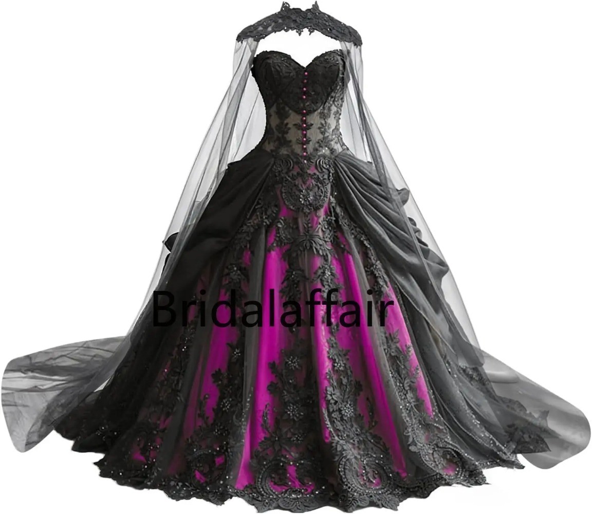 Gothic Weeding Dresses Lace Applique Bridal Dresses Tiered Tulle with Cape