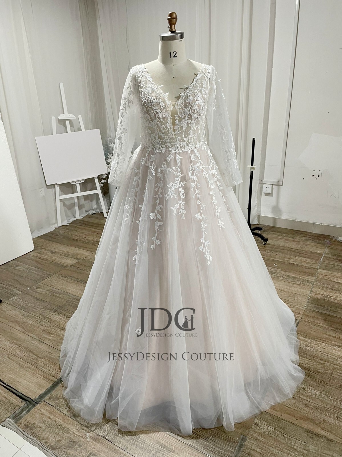 Classic Lace Wedding Dress Bridal Gown Custom made 2-28W Blush Pearls Sleeves