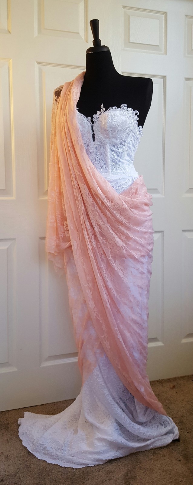 Blush Pink & White Corded Lace Sweetheart Corset Saree Sari Wedding Bridal Gown