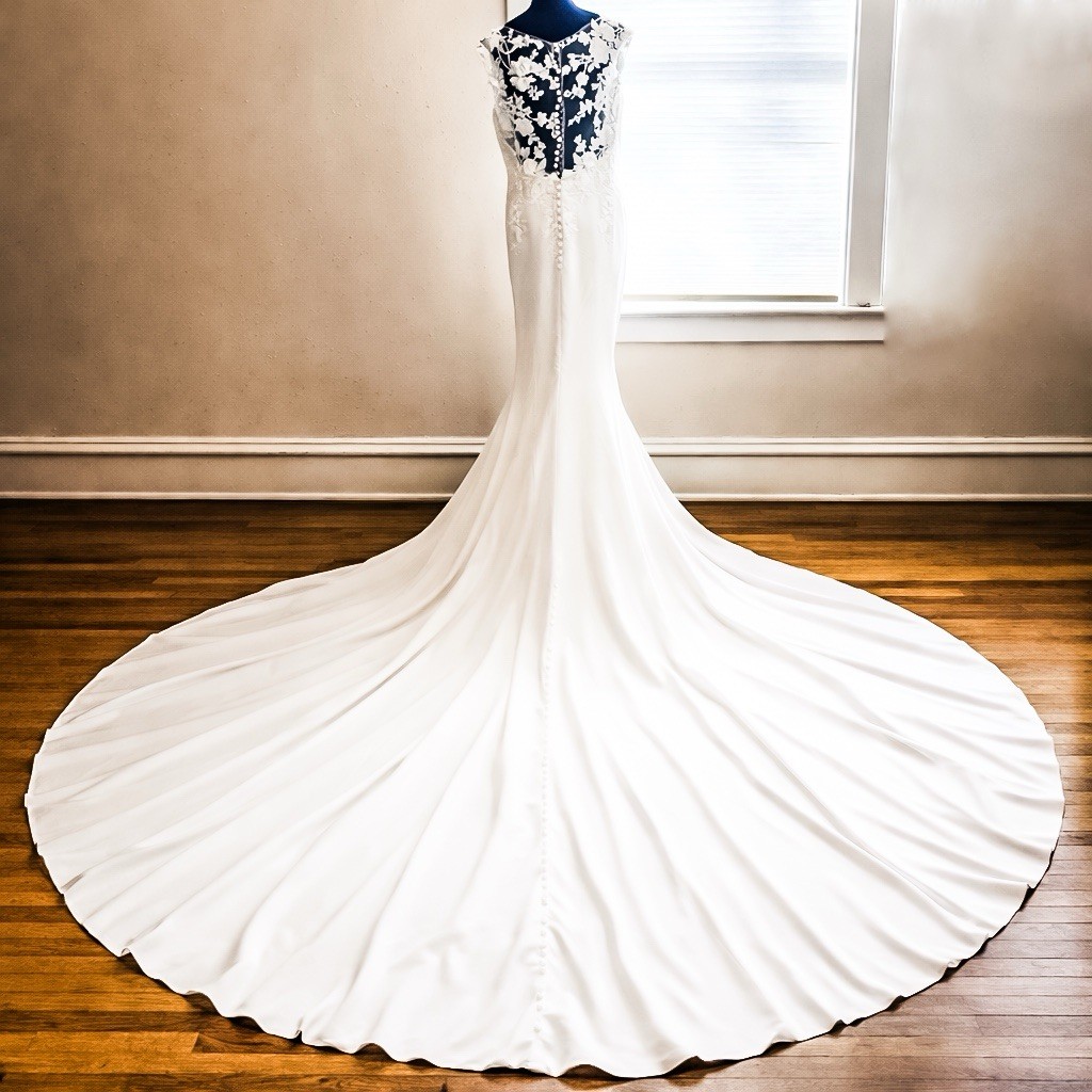 Pronovias Drail Mermaid Wedding Dress Ivory Lace Illusion Neck Tank Size 22