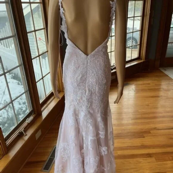 * Pink Spaghetti Strap White Lace Flared Wedding Gown Bridal Dress Size 4 6