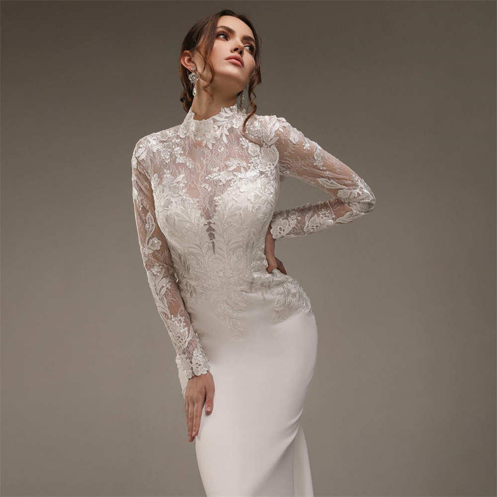 Elegant High Neck Long Sleeves Lace Applique Button Back Mermaid Wedding Dresses