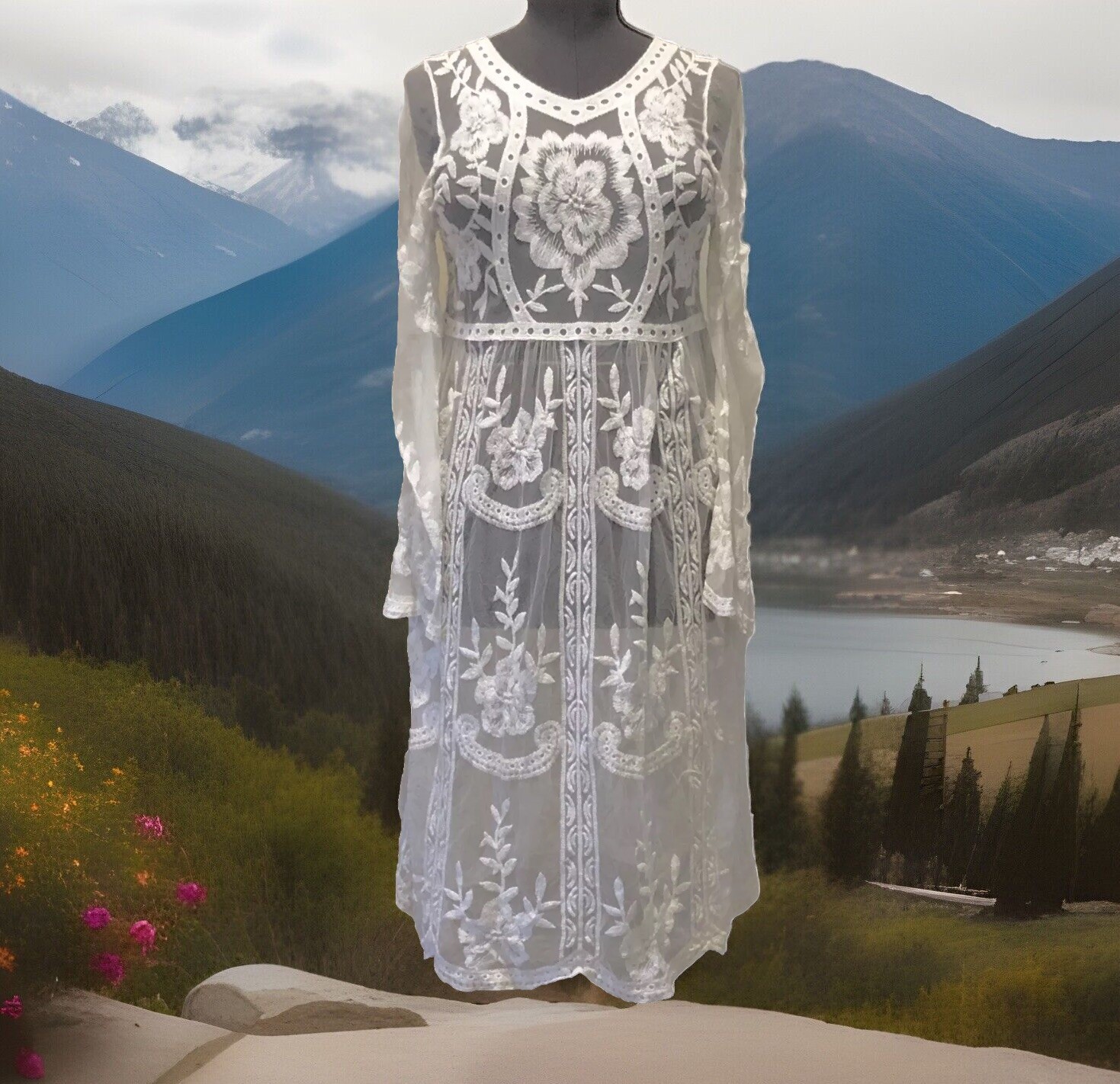 Wedding Dress M Long Sleeve V Neck Lace Boho Bohemian Beach Bridal Gown Midi