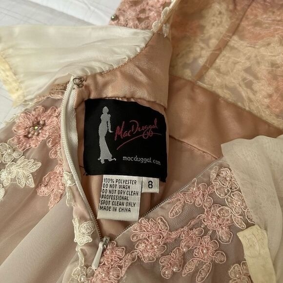Mac Duggal Floral Lace Chiffon Gown Womens 8 Pink White Illusion Dress Wedding