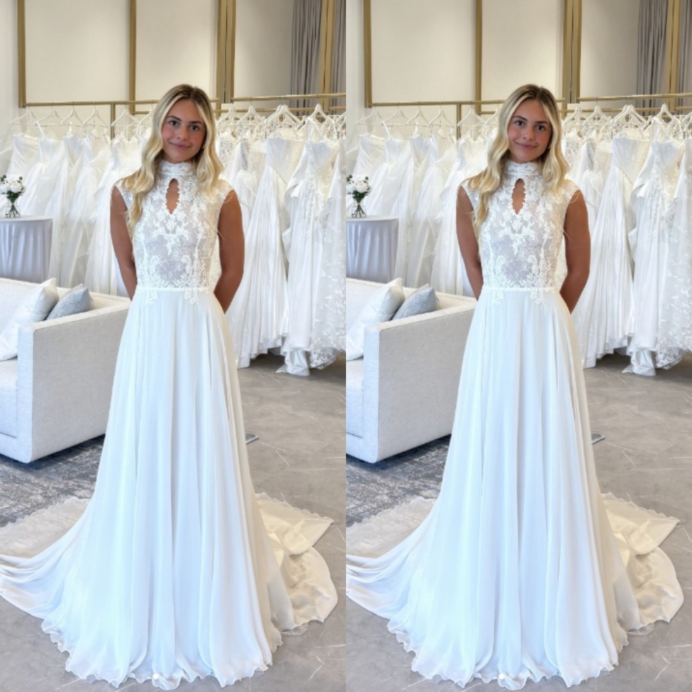 Elegant Wedding Dresses Chiffon Lace Sleeveless Sweep Train Beach Bridal Gown