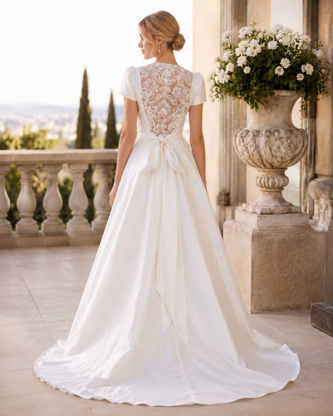Nouvelle Amsale Wedding Dress 10 Pearl Wrap Satin Illusion Back Roses Modern