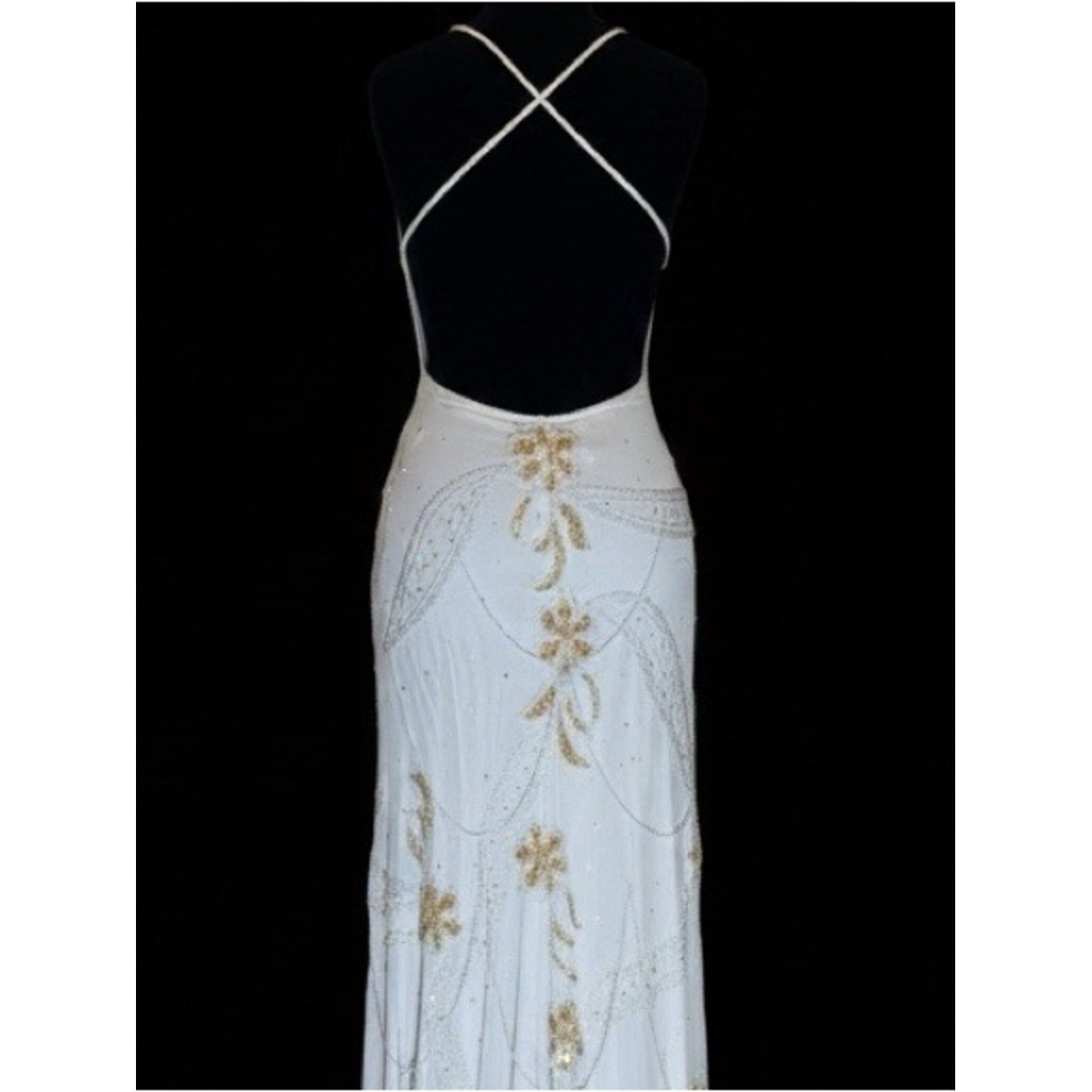 Elegant White hand Beaded Spaghetti Strap gown stretch, fabric stunning