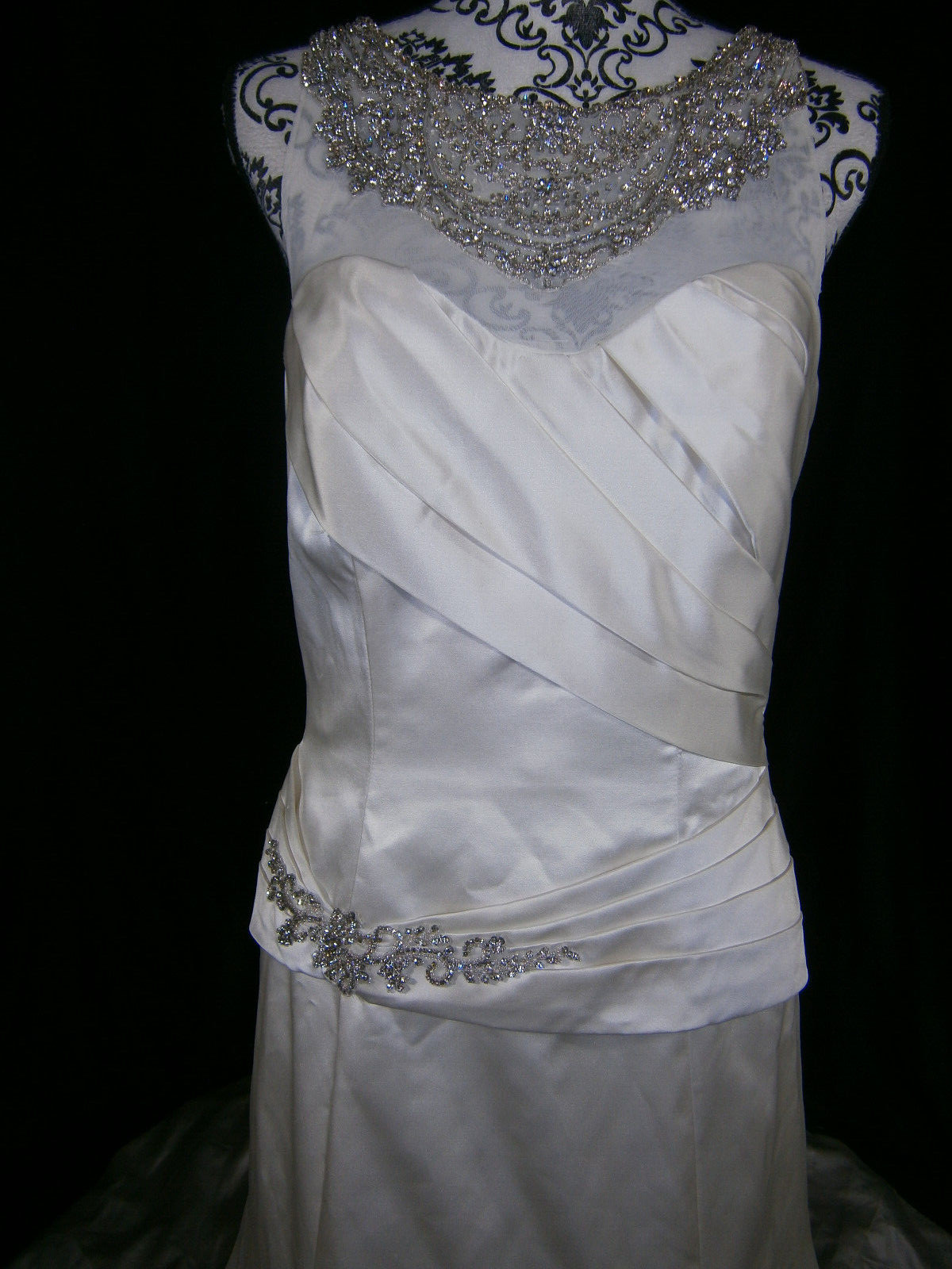 Cristiano Lucci Wedding Dress 6-10 Satin Illusion Crystals Fit & Flare Ruching