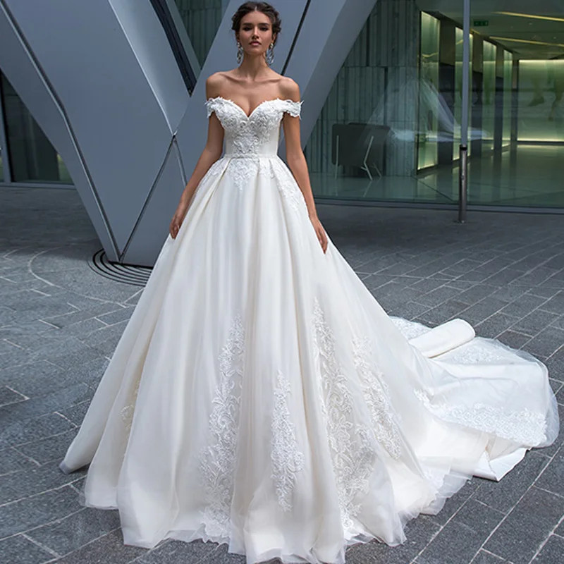 Off Shoulder Princess WeddingDress Appliques Sleeveless Beaded A-Line Bride Gown