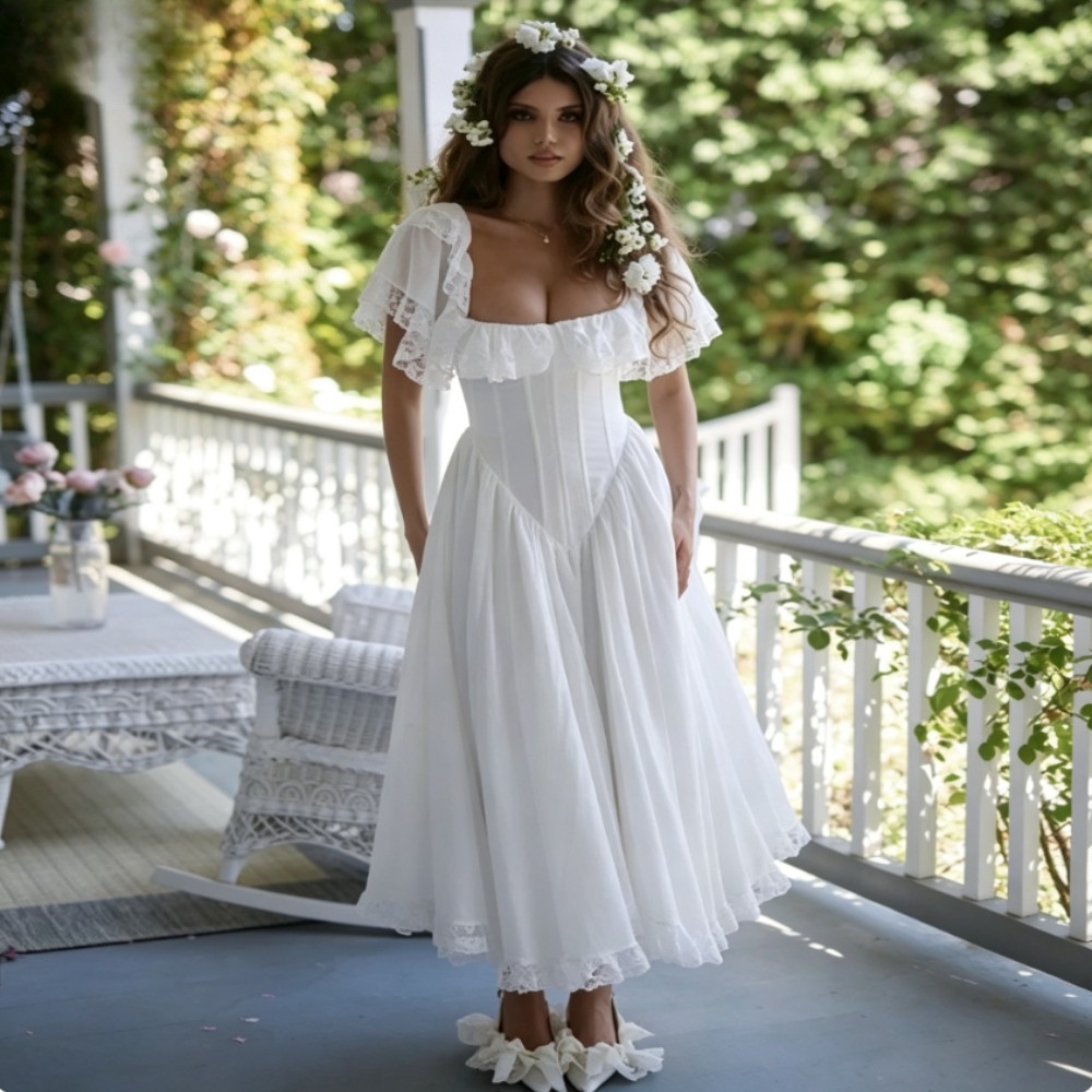 Vintage Midi Wedding Dress Square Neck Ruffle Short Sleeve Boho Lace Bridal Gown