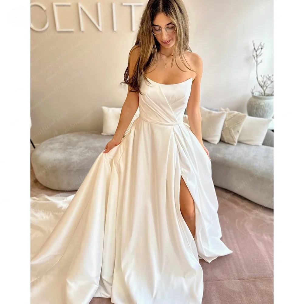 Strapless Satin A-Line Wedding Dress Side Slit Court Train Customized Robe