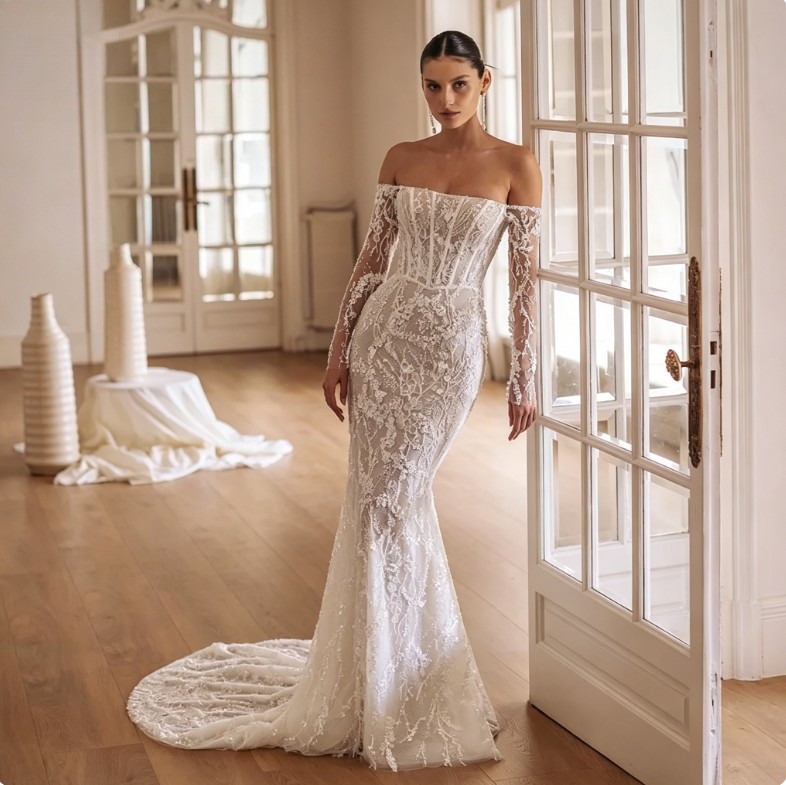 Off Shoulder Long Sleeve Beaded Lace Mermaid Wedding Dress With Detachable Train