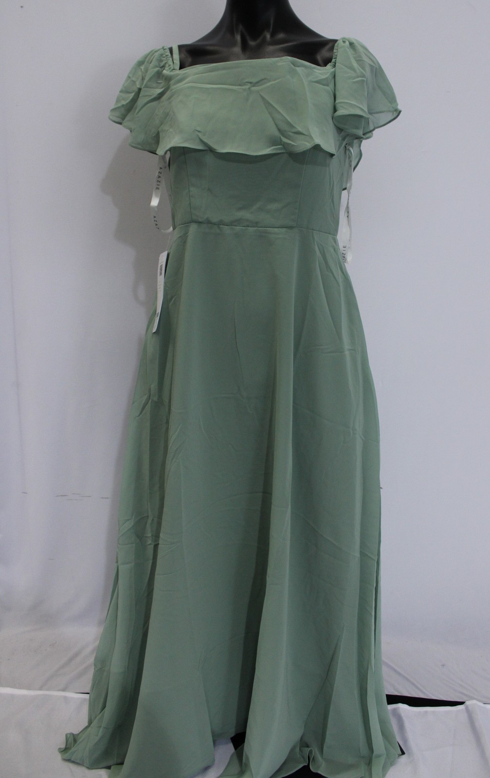 Azazie Junior Girls Maggie A-Line Off Shoulder Chiffon Dress AP2 Matcha Custom