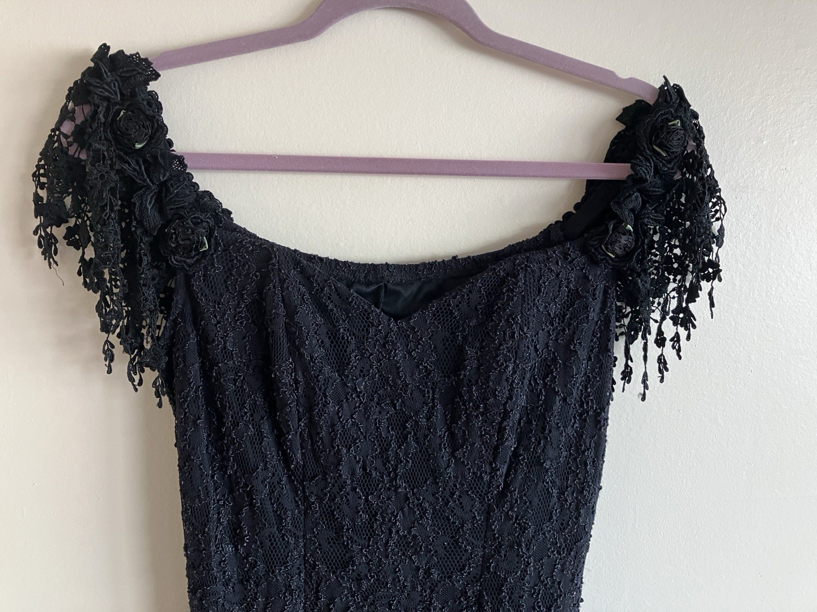 Vtg 90’s Goth Dress Florencia Fiume Long Black Lace Off Shoulder Gown S/M