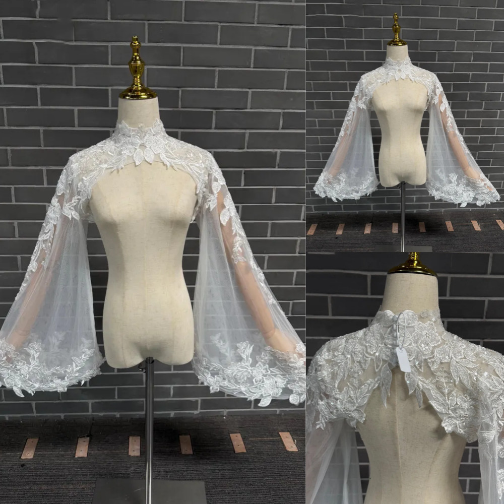 Wedding Jacket Lace Appliques Long Sleeves Bride Capes High Neck Bridal Bolero