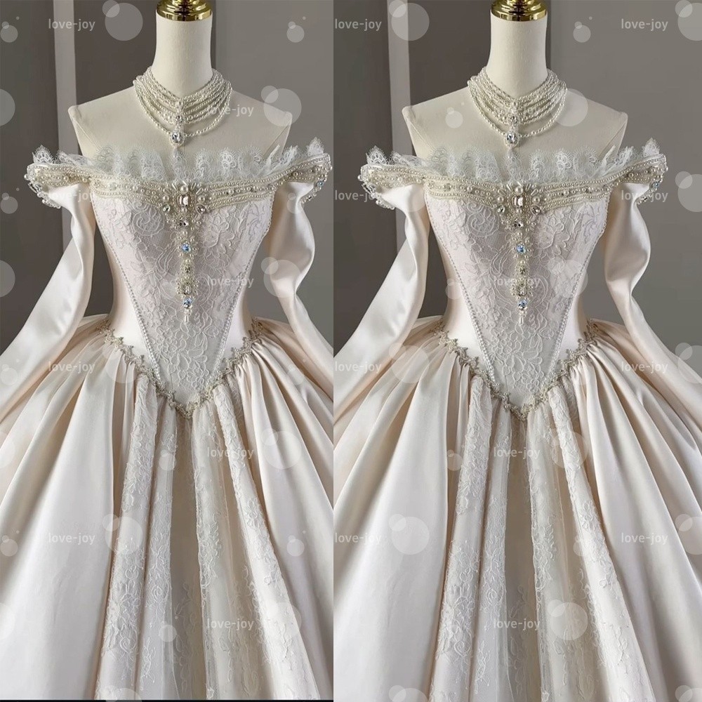Stain Wedding Dress Off The Shoulder Long Sleeve Full-Length Vintage Bridal Gown