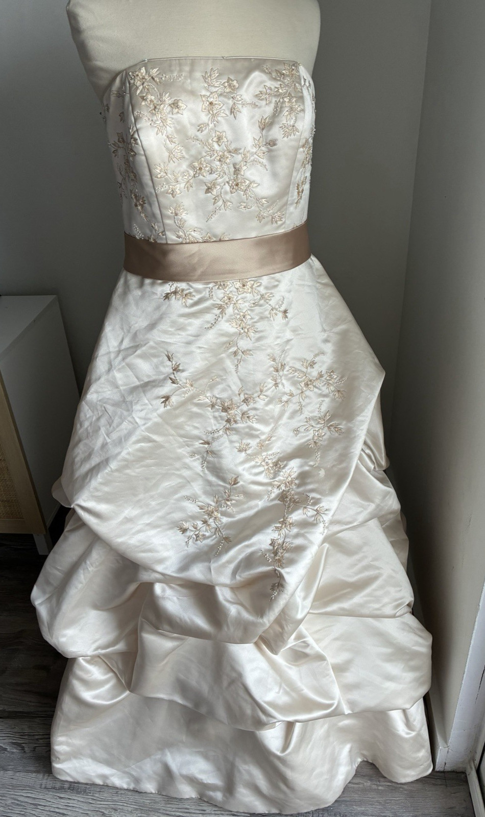 David’s Bridal Oleg Cassini CT203 Champagne Strapless Beaded Wedding Gown 16