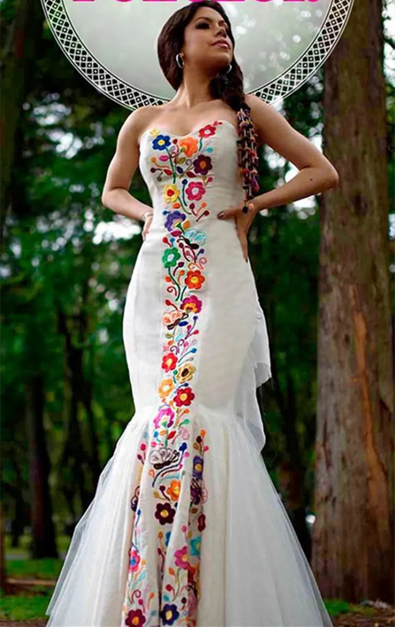 White Strapless Mermaid Wedding Dresses Colorful Floral Embroidery Bridal Gowns