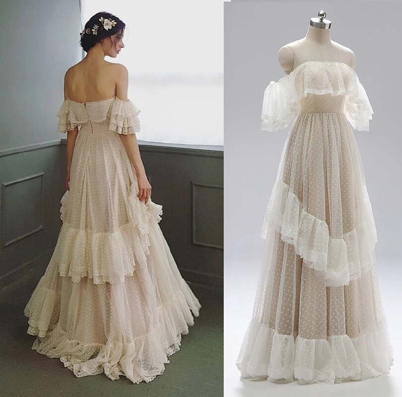 Victorian Wedding Dresses Tiered Lace Ruffle Bridal Gowns Off Shoulder Rustic