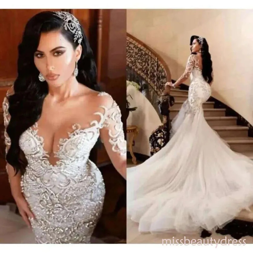 Sexy Mermaid Wedding Dresses Long Sleeves Lace Crystals Court Train Bridal Gowns