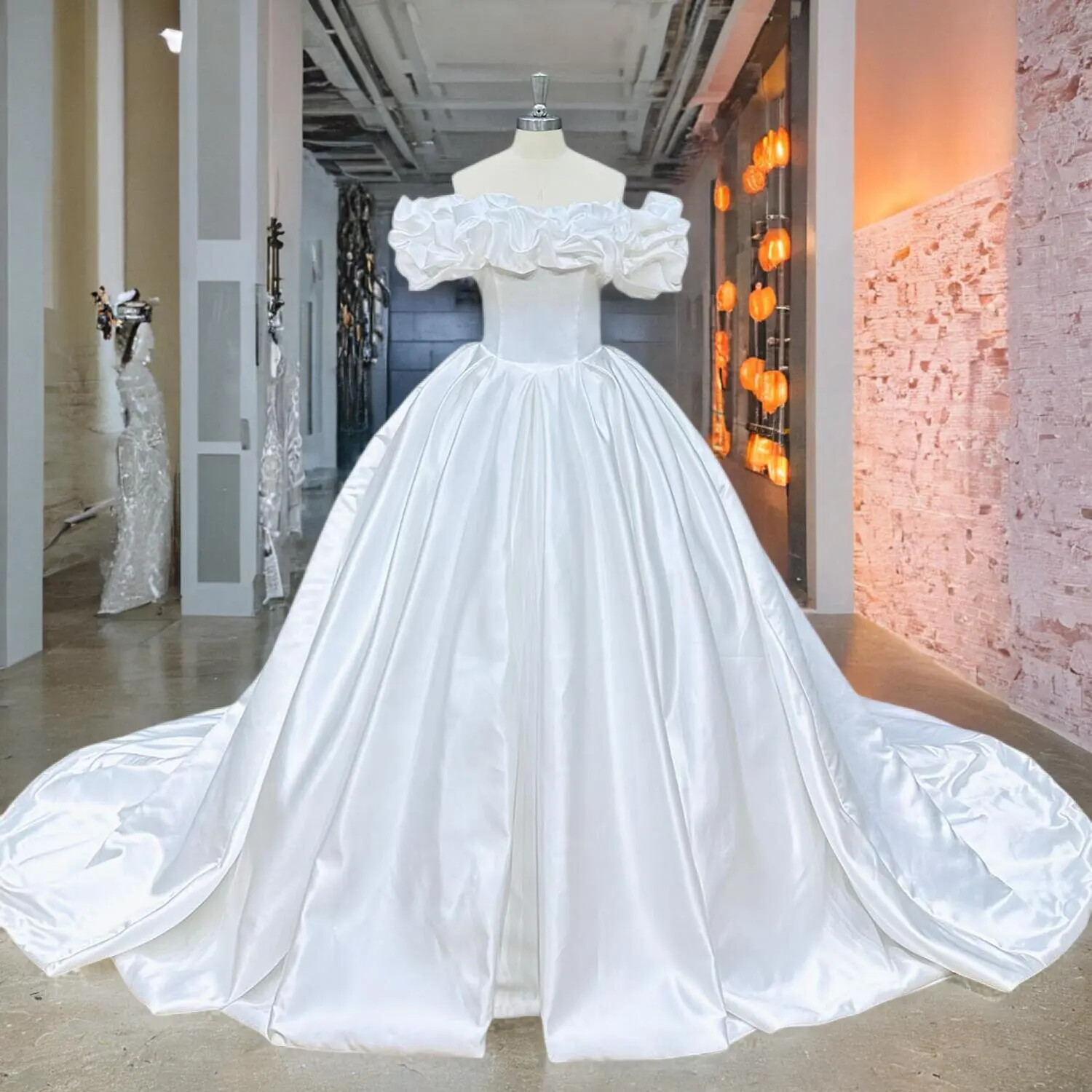 Off Shoulder Ruffled Ball Gown Wedding Dress Slit Bridal Gown With Chapel Train