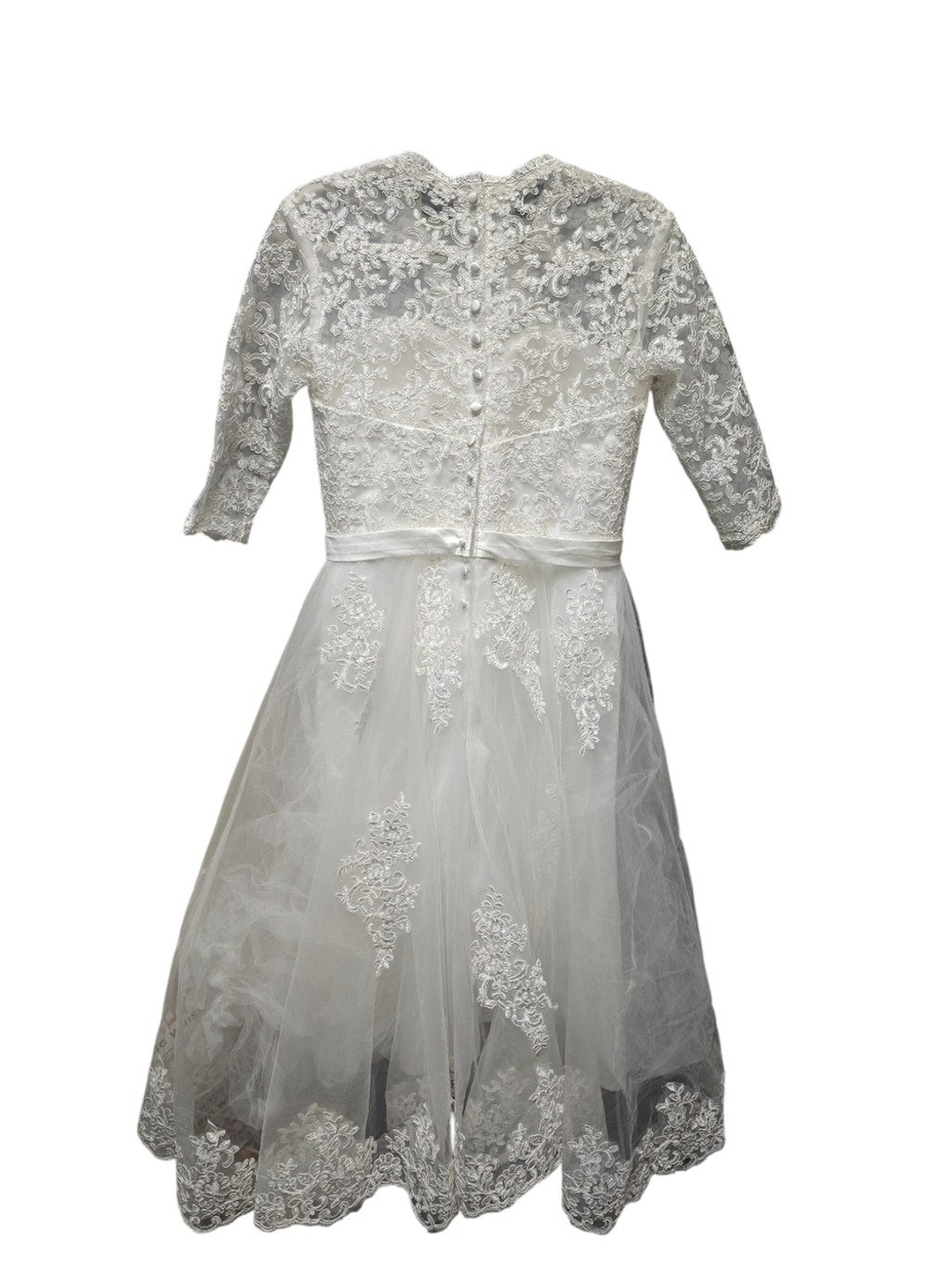 Abaowedding V Neck Lace Tea Length Wedding Dress with Quarter Sleeve Sz.10