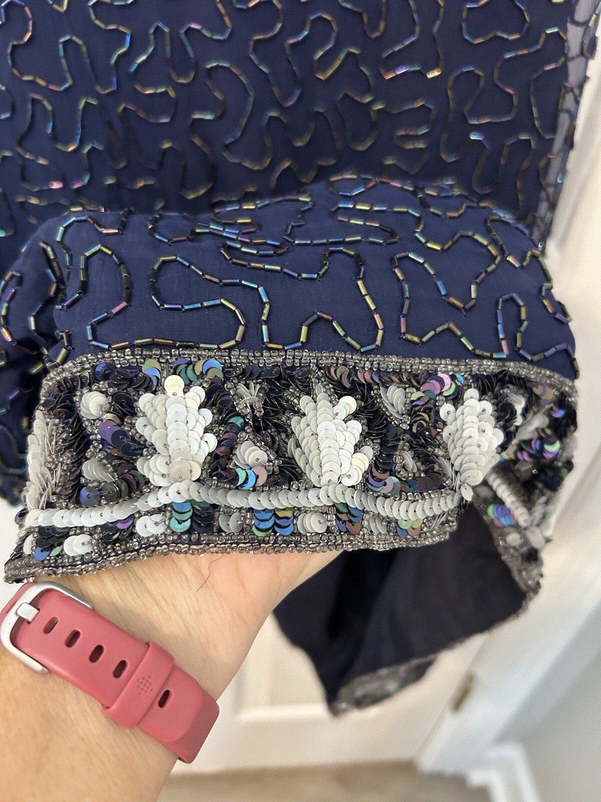 Vtg LAURENCE KAZAR Silk Short Sleeve Navy Sequin Beads Dress Size Sz L Heavy 80s