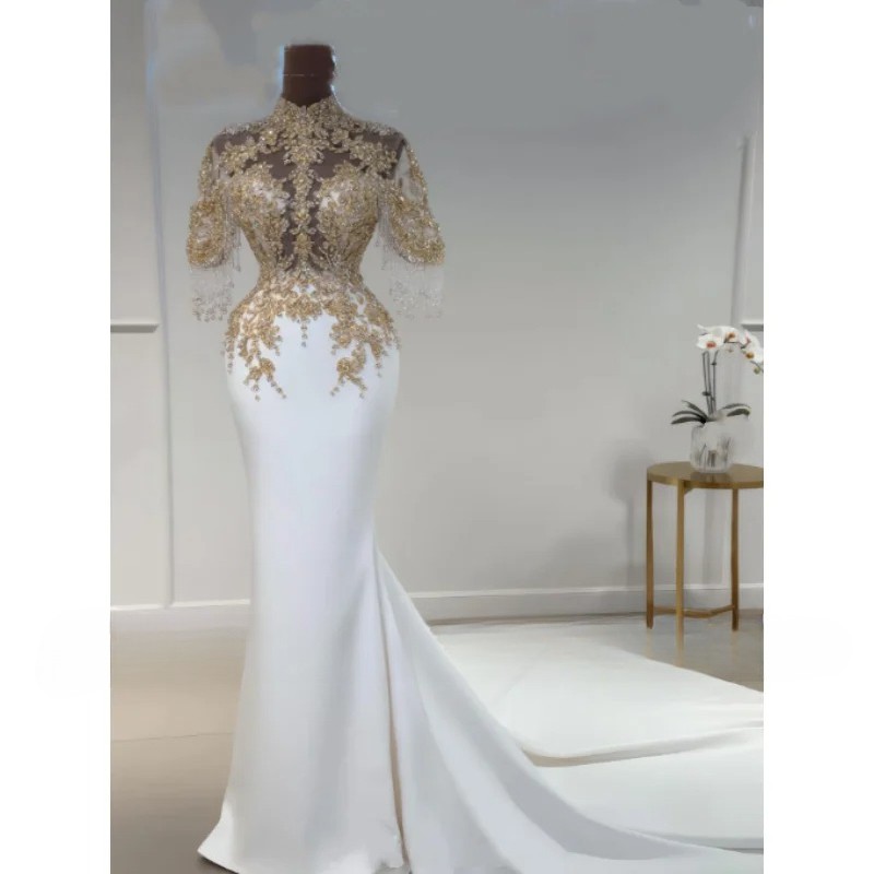 Gold Crystal Applique Mermaid Wedding Dresses High Neck Tassel Sleeve Satin Gown