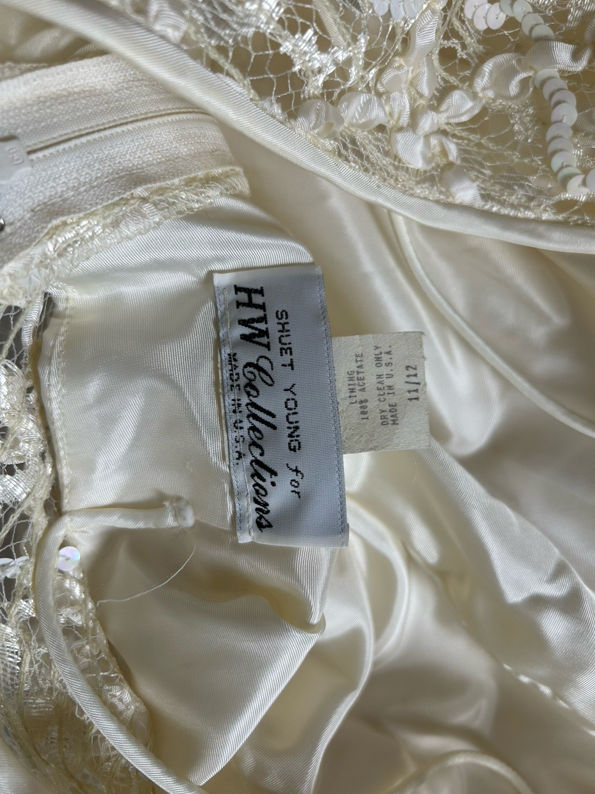 VTG Wedding Dress Sz 11/12 Lace Ivory Drop Waist Tea Length Flutter Sleeve READ