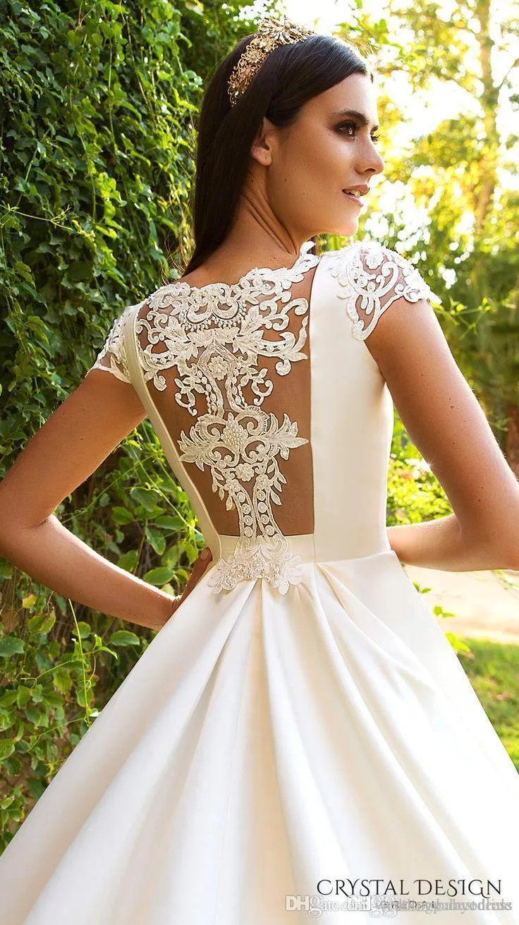 Elegant A Line stain Wedding Dresses scoop Short Sleeves lace back Bridal Gowns