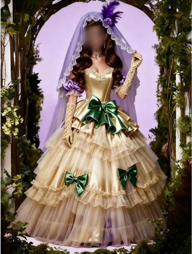 Victorian Champagne WeddingDress Sheath Lace Bow Embellished A-Line Pleated Gown