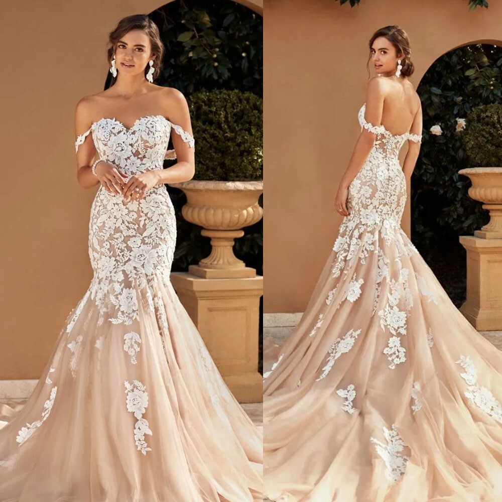 Champagne Long Mermaid Wedding Dresses With Ivory Lace Appliques Off The Shoulde