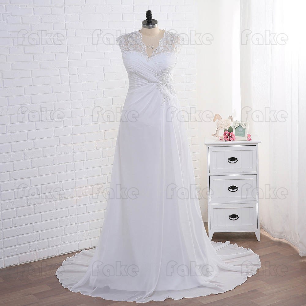 Plus Size Wedding Dresses Cap Sleeve V-neck Lace Applique Chiffon Beach Dress