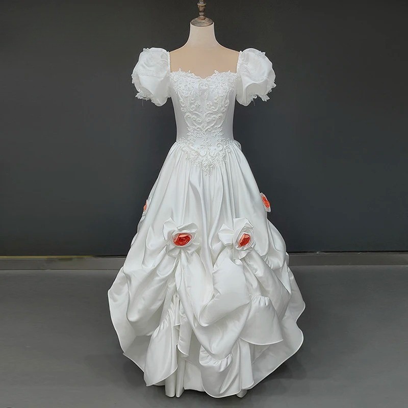 White Satin Pink Rose Flower Princess Sweetheart Puff Sleeve Ruffles Beading