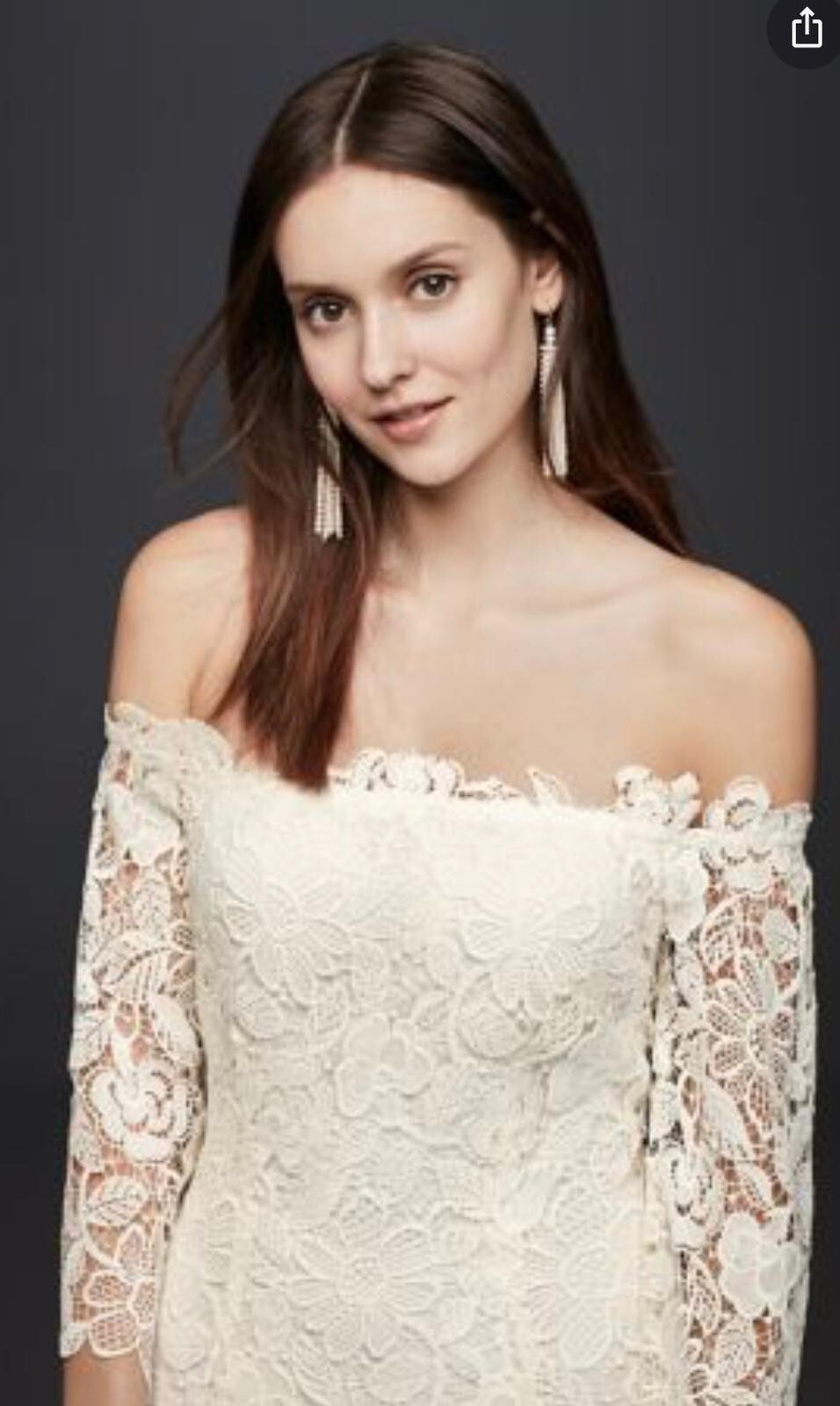 David’s Bridal Lace Sheath Wedding Dress S Off-The-Shoulder 3/4 Sleeve Ivory NWT