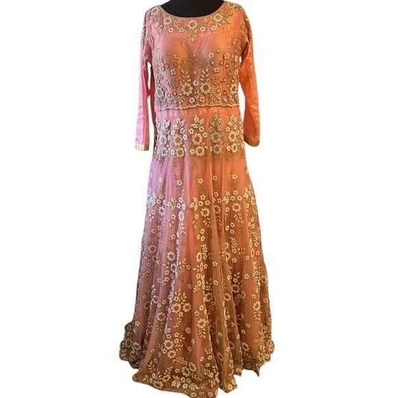Custom Pink, White & Gold Heavily Beaded Bridal Women’s Dress, Large