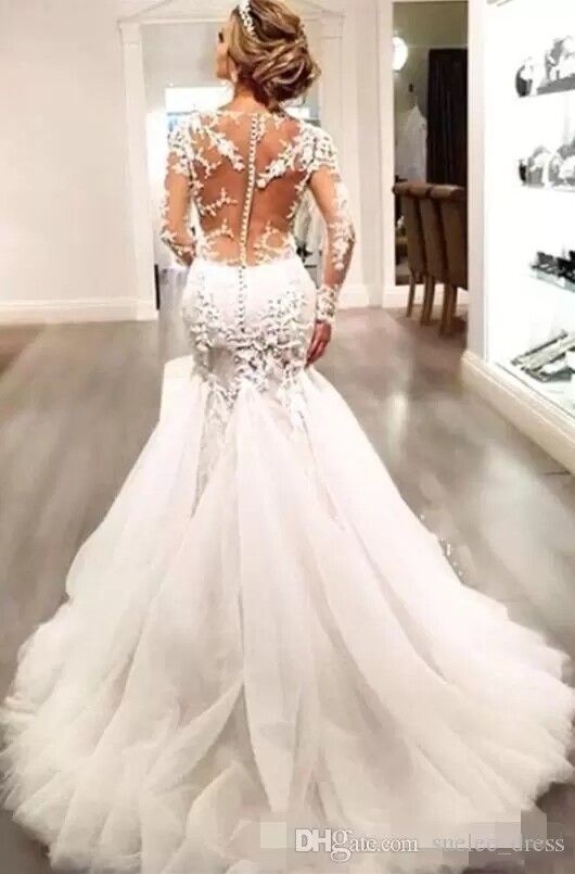 Mermaid V Neck Long Sleeve Wedding Dresses Beach Bridal Gowns Sweep Train White
