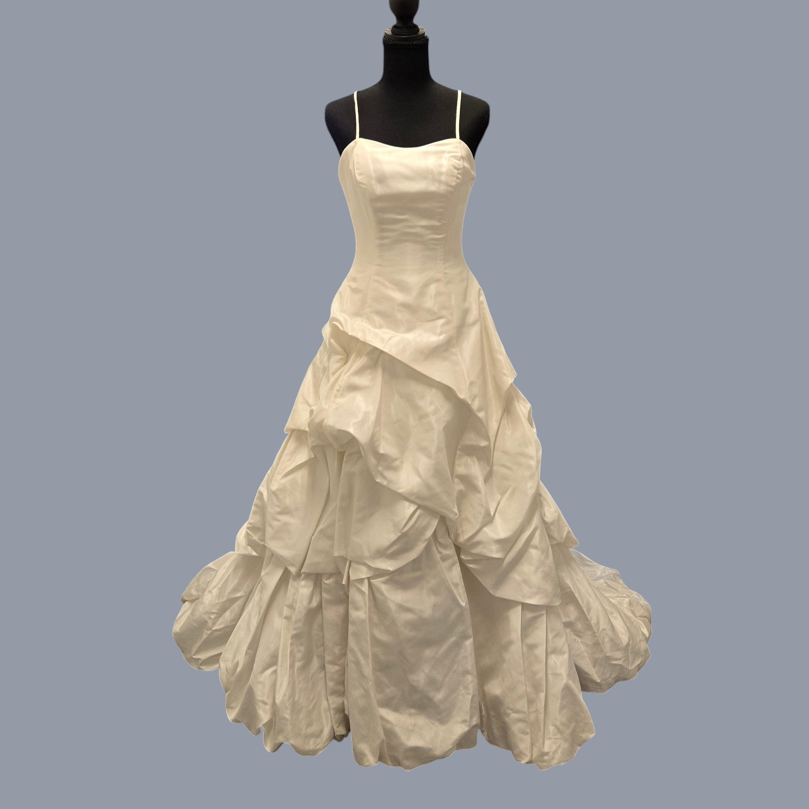 Zurc Bridal Wedding Gown Size 8 White Satin Tiered Pick Up Cathedral Train