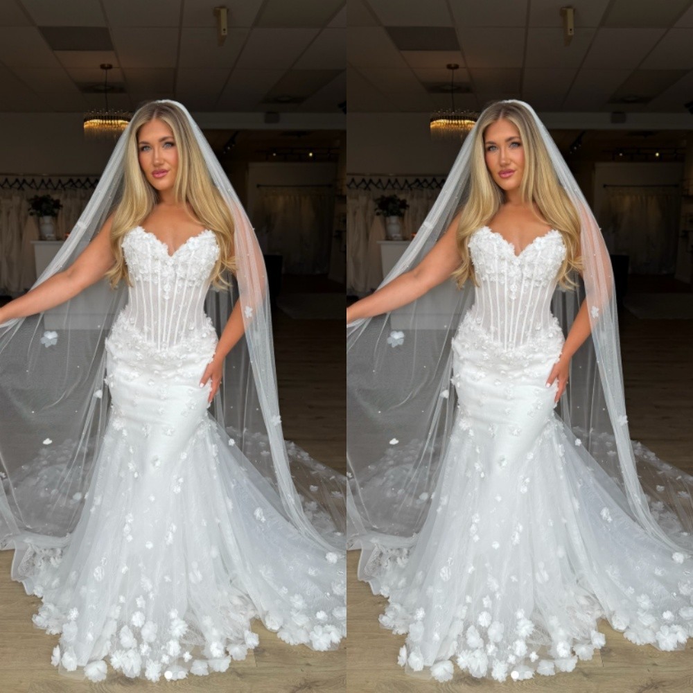 Exquisite Mermaid Wedding Dresses 3D Flowers White Ivory Boho Bridal Gonws
