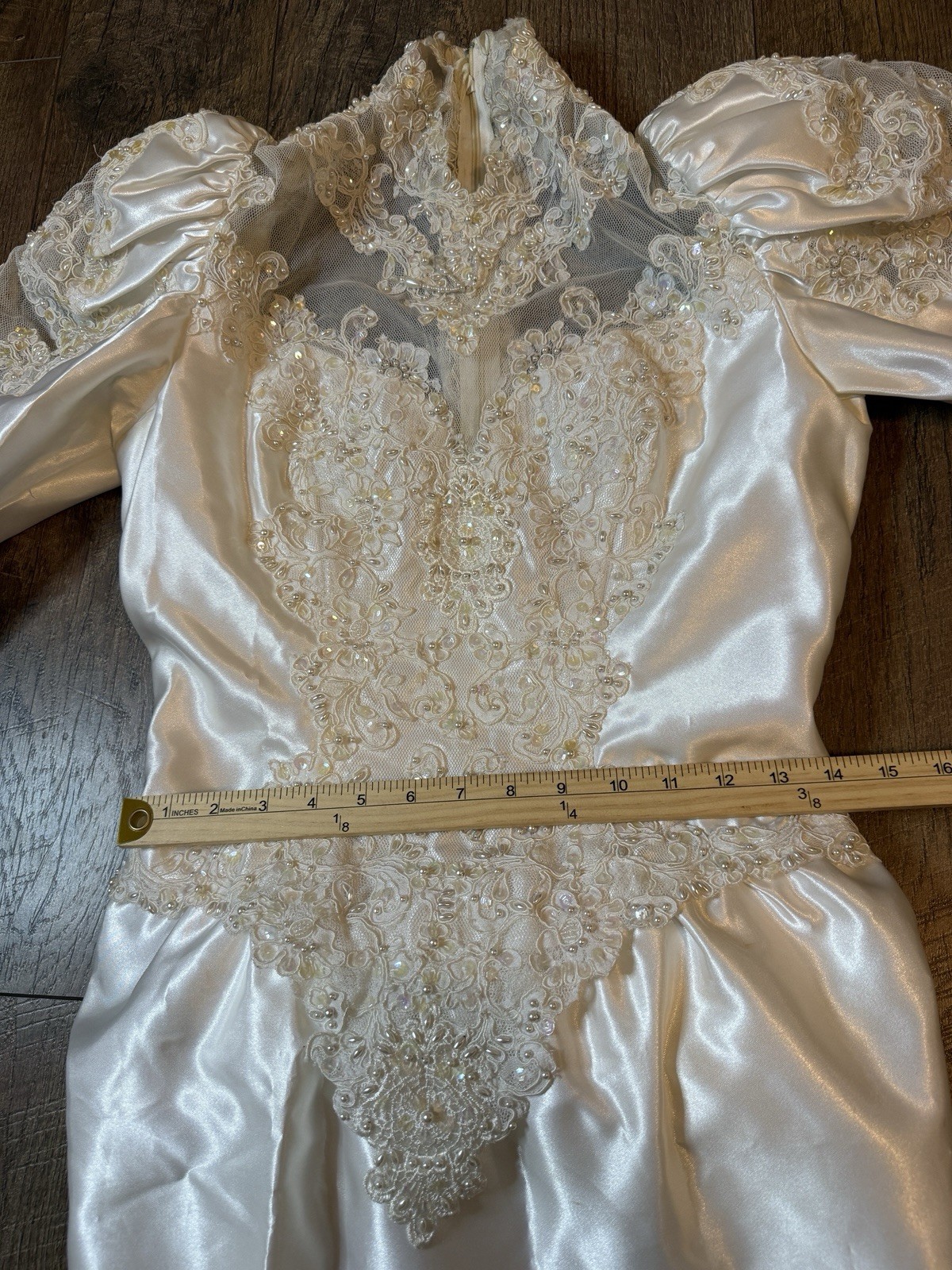 Vtg Mori Lee Satin Wedding Dress High Neck Puffed Sleeves Beading Lace Sz 8