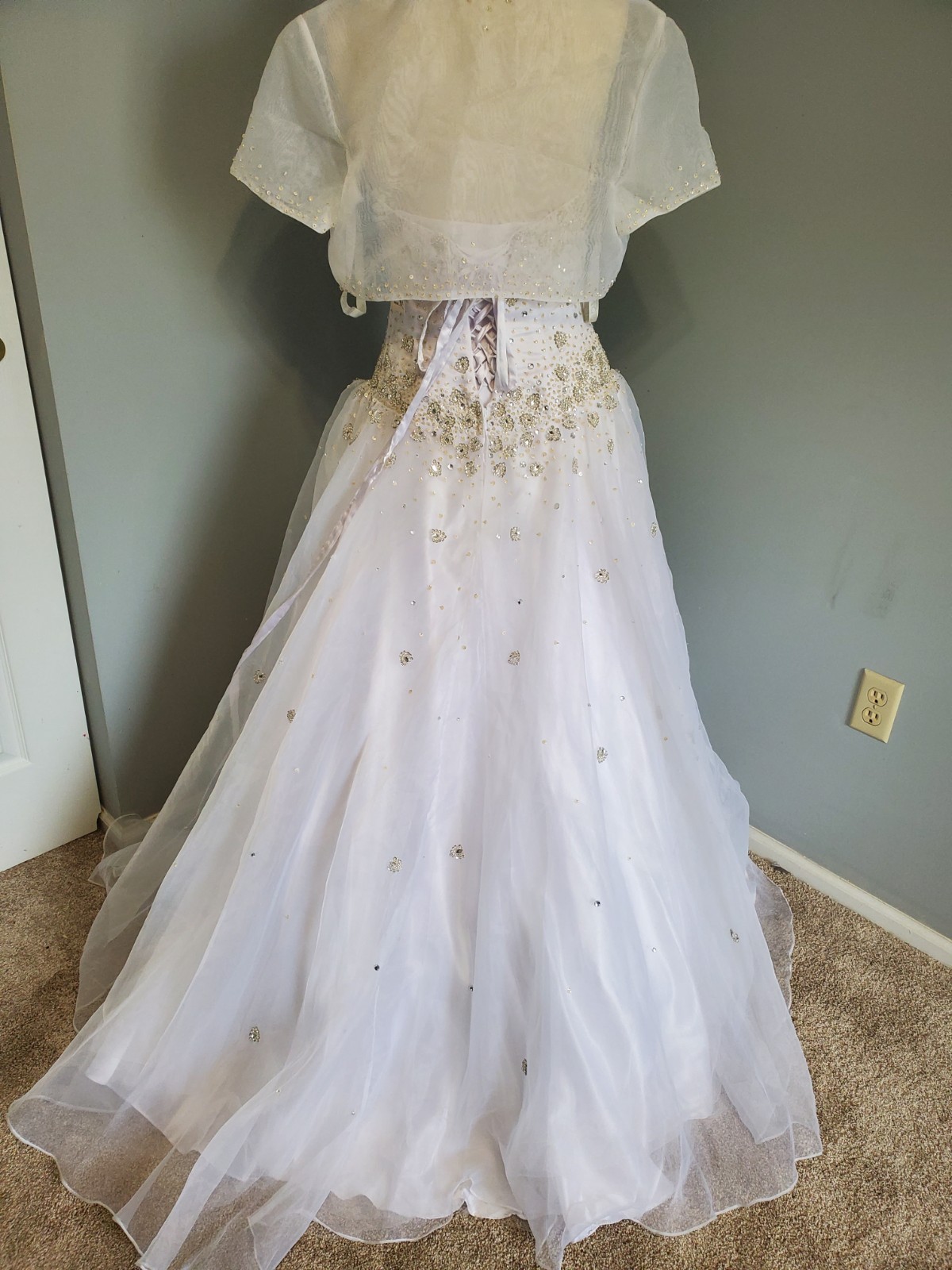 Mary’s Bridal White Wedding Dress Strapless Beaded Ball Gown w/ Bolero Jacket 10
